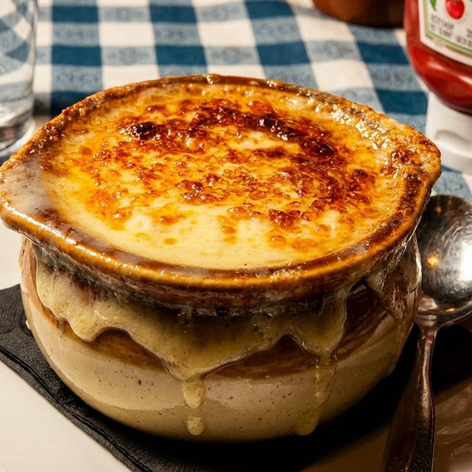 A crock of French onion soup with melted, bubbly cheese on a blue and white checkered tablecloth.