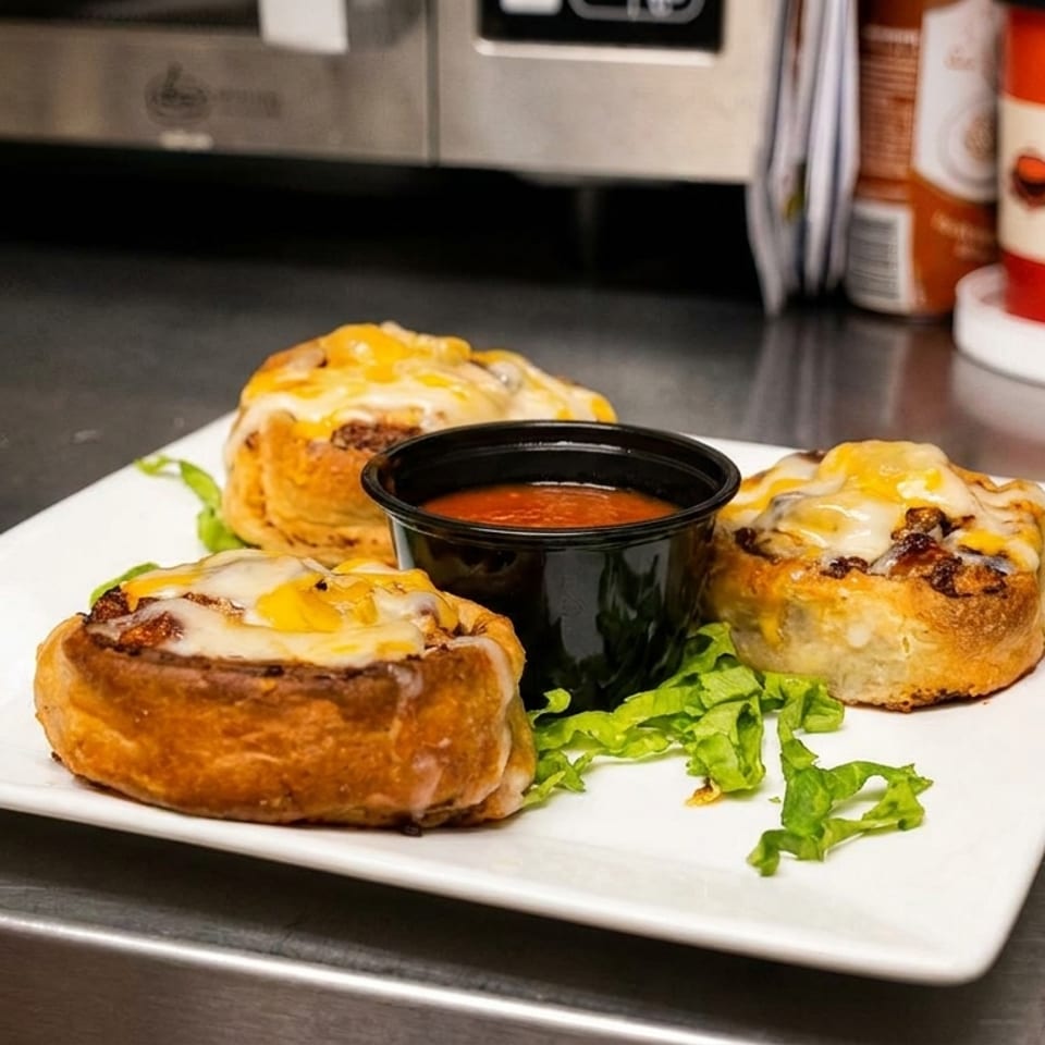 Three cheesy savory rolls with a side of red dipping sauce on a white plate.