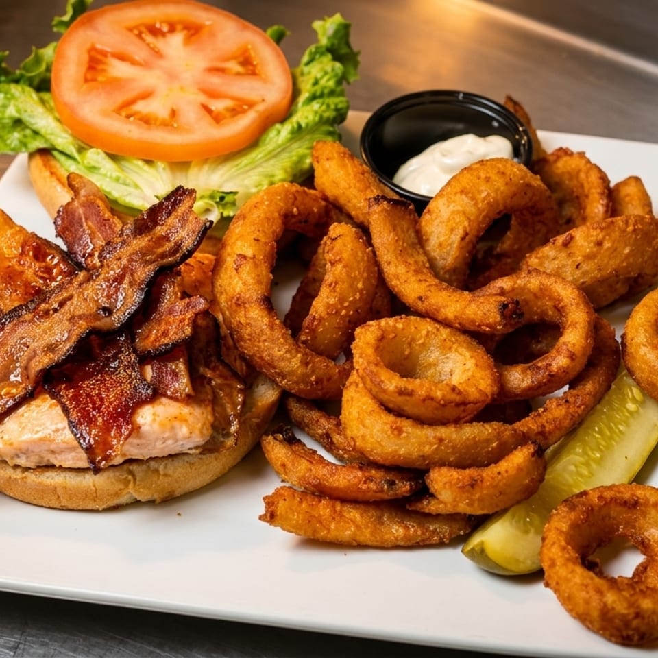 Chicken sandwich with bacon, lettuce, tomato, onion rings, pickle spear, and dipping sauce.