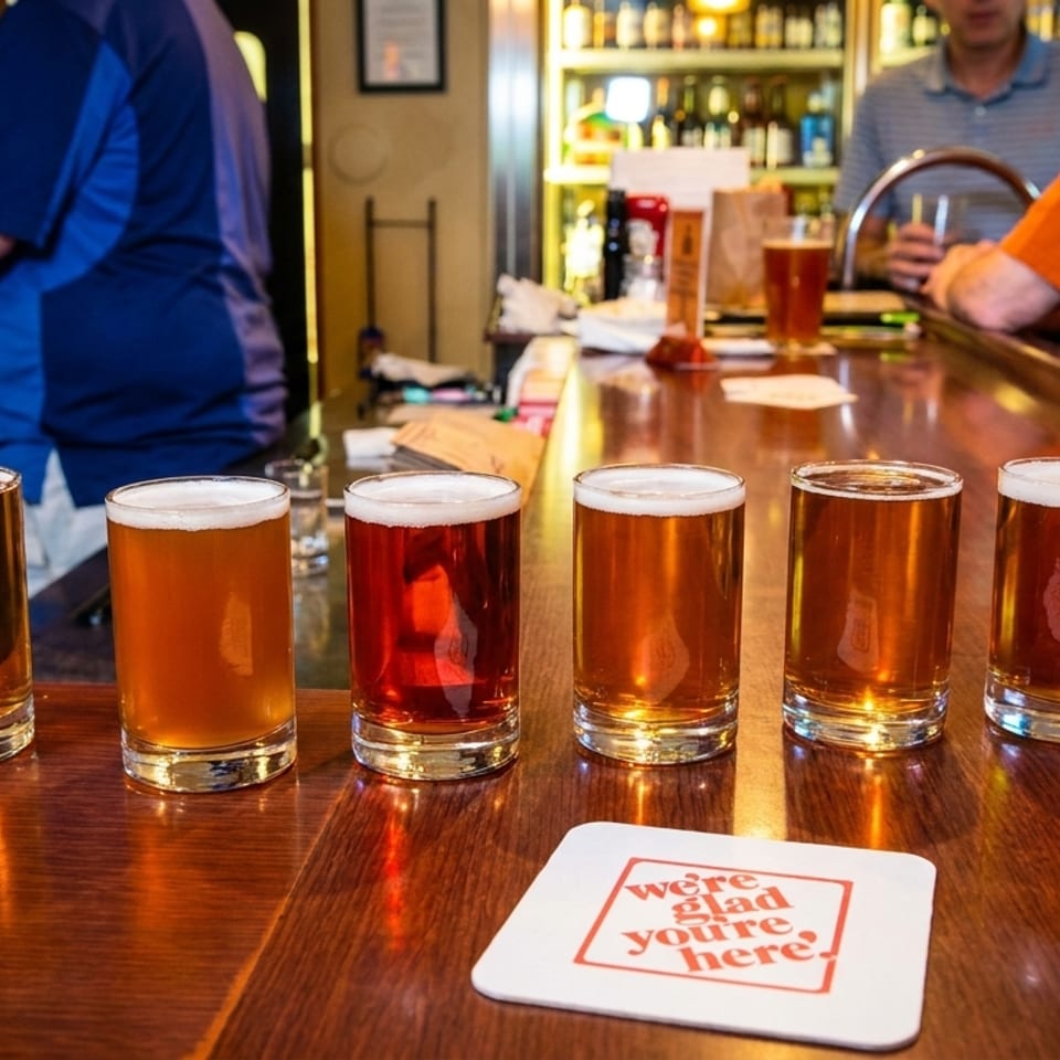 Six beer samples on a wooden bar counter with a bartender and customers in the background.