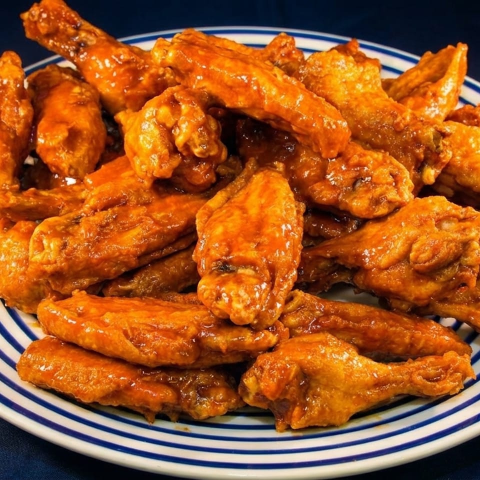 A large platter of golden-brown, saucy chicken wings on a white plate with blue stripes.