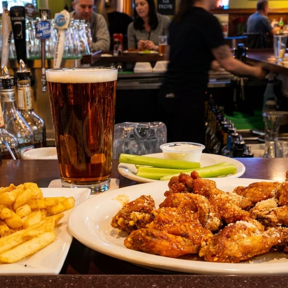 Plates of chicken wings and french fries with a beer on a bar counter, with patrons in the background.