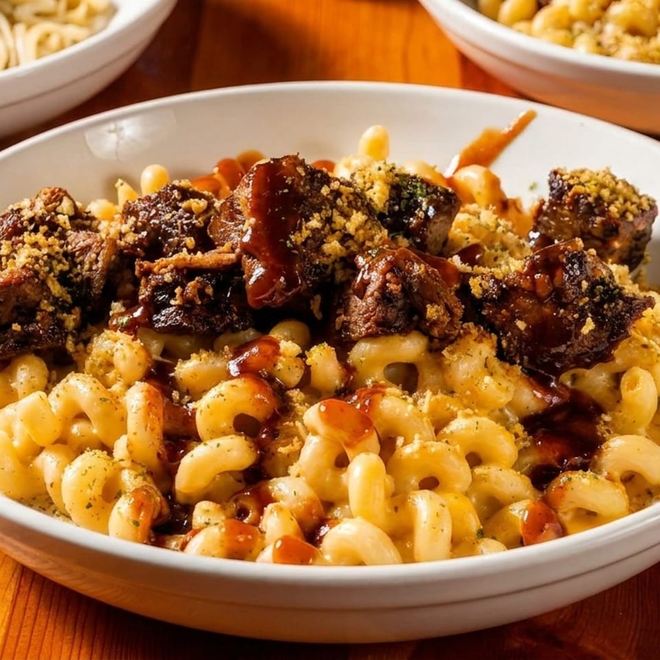 Close-up of a white bowl filled with macaroni and cheese topped with BBQ brisket and sauce.