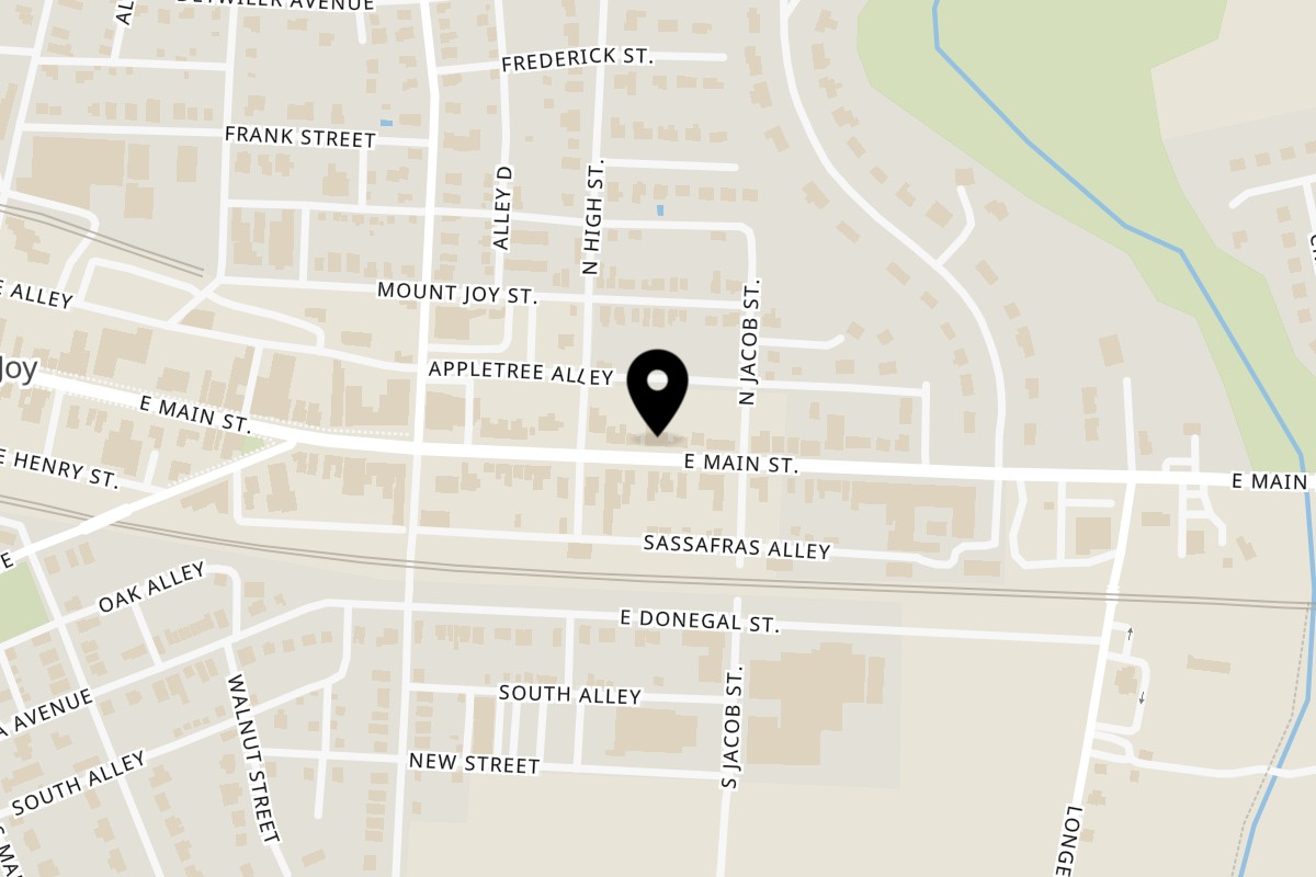 Map showing the location of Mosby's Tavern on 215 E Main St in Mount Joy